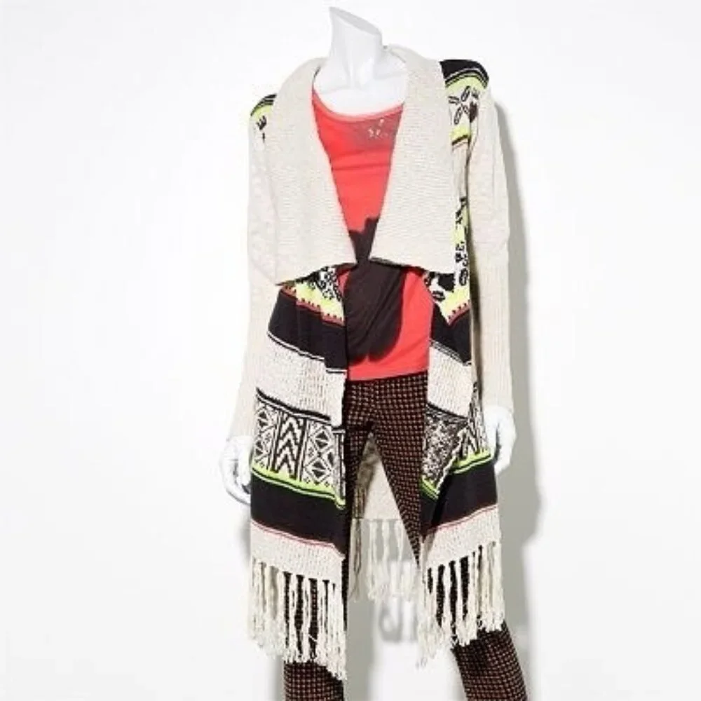 Vintage Princess Vera Wang Fringe Multicolor Knit Cardigan | Boho Cottagecore XS - Picture 1 of 15